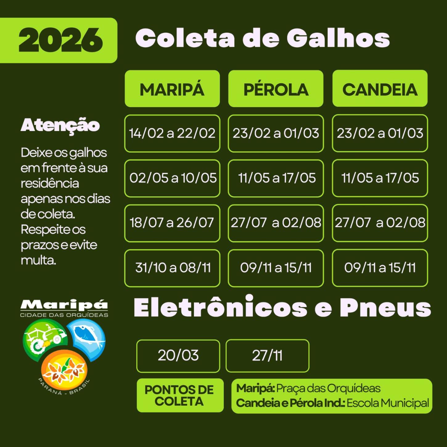 Prefeitura de Maripá disponibiliza ímãs com calendário de coleta de galhos, pneus e eletrônicos para 2026